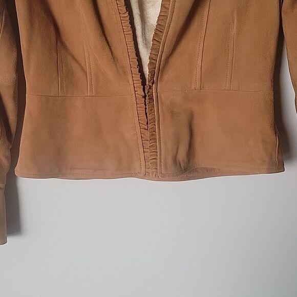 NEW INC Suede P 0 Leather Brown Tan Camel Ruffle Blazer Fitted Boho Jacket Bell - Picture 4 of 16